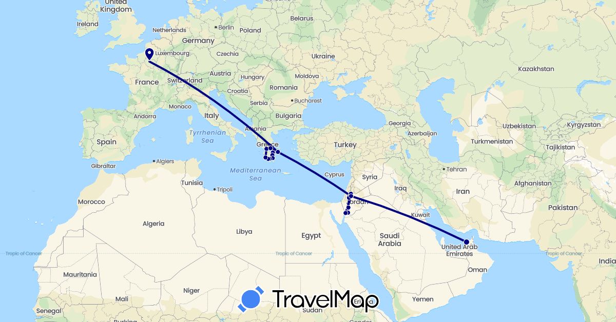 TravelMap itinerary: driving in United Arab Emirates, France, Greece, Jordan (Asia, Europe)